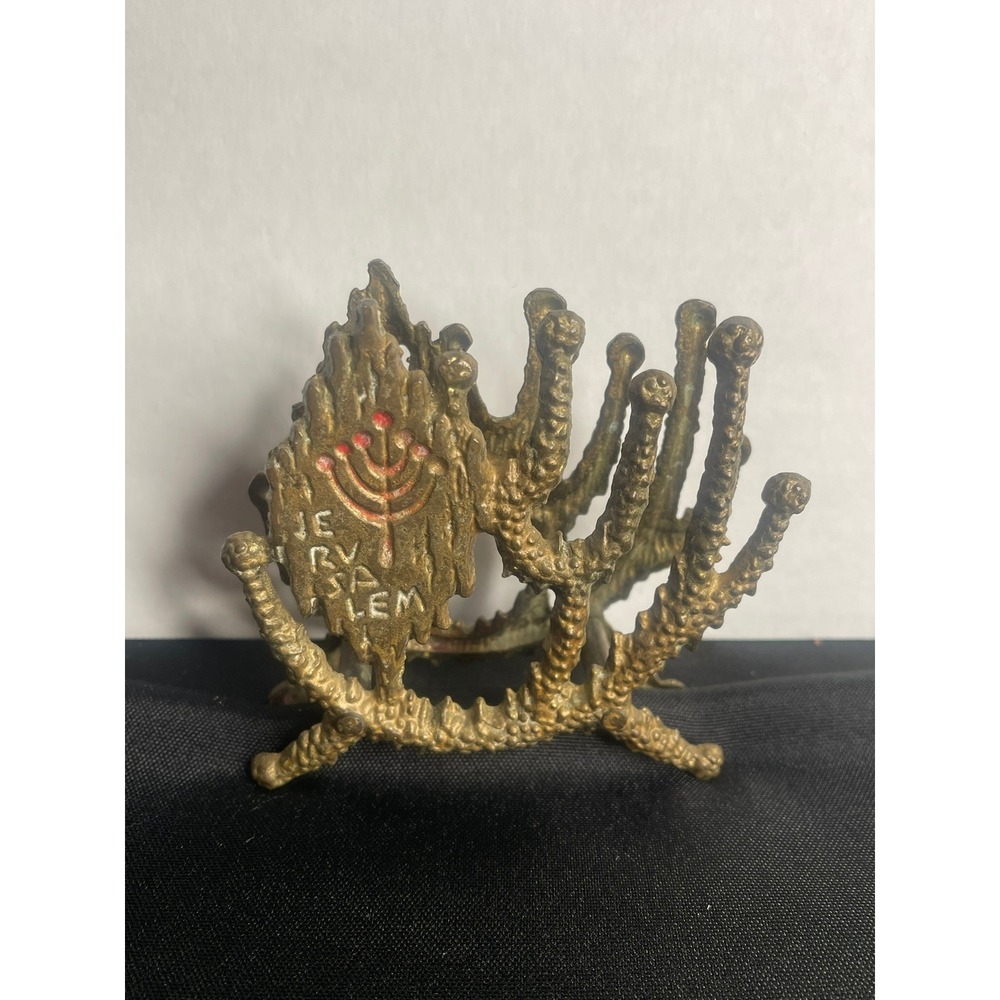 Vintage Brutalist Brass Jerusalem Menorah Napkin Holder Israel MidCentury Modern